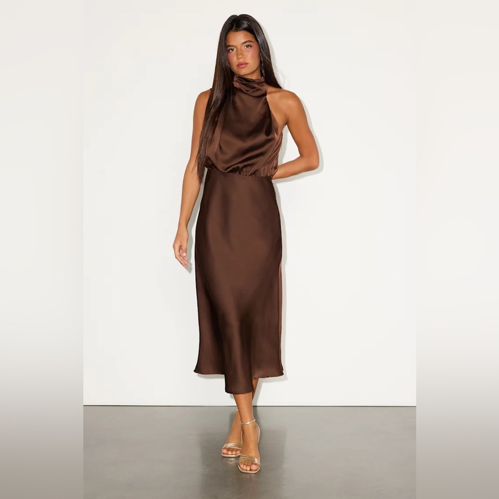 Lulus Distinctive Brown Satin Asymmetrical Midi Dress
